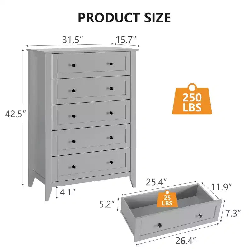 Cassettiera a 5 cassetti per camera da letto, cassettiera alta in legno stile rustico per vestiti, grande organizer con maniglie dorate e cassetti profondi