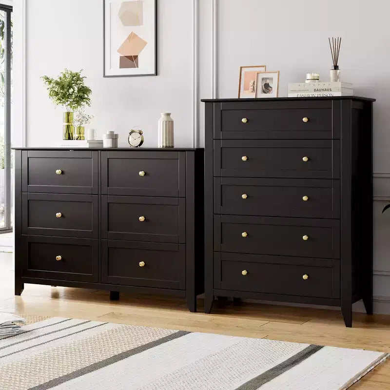 Cassettiera a 5 cassetti per camera da letto, cassettiera alta in legno stile rustico per vestiti, grande organizer con maniglie dorate e cassetti profondi