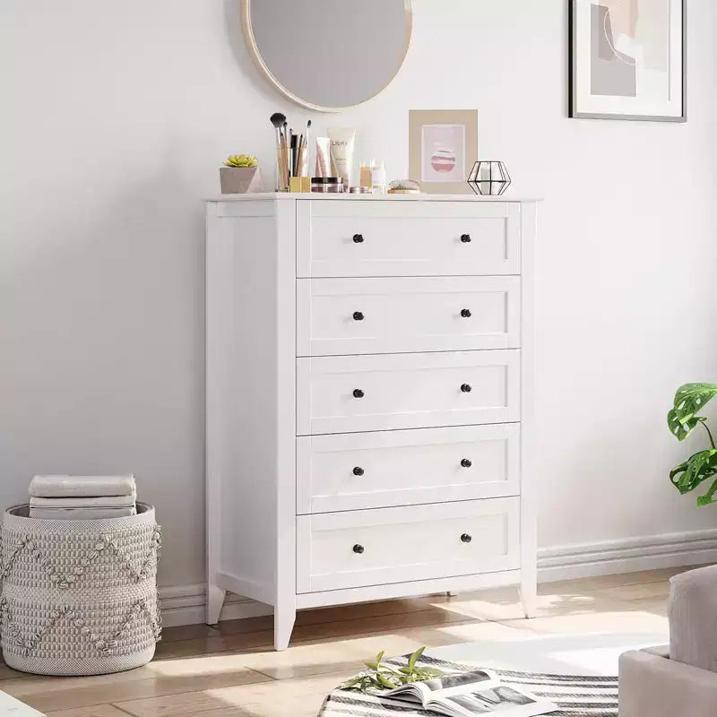 Cassettiera a 5 cassetti per camera da letto, cassettiera alta in legno stile rustico per vestiti, grande organizer con maniglie dorate e cassetti profondi