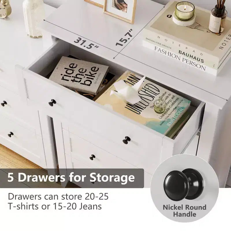 Cassettiera a 5 cassetti per camera da letto, cassettiera alta in legno stile rustico per vestiti, grande organizer con maniglie dorate e cassetti profondi