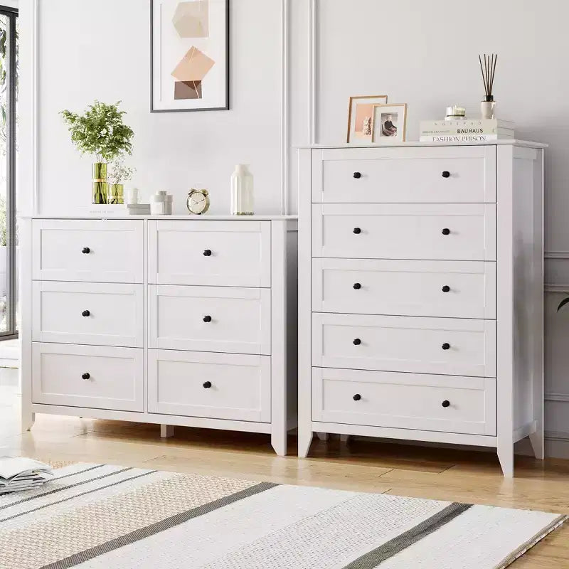 Cassettiera a 5 cassetti per camera da letto, cassettiera alta in legno stile rustico per vestiti, grande organizer con maniglie dorate e cassetti profondi