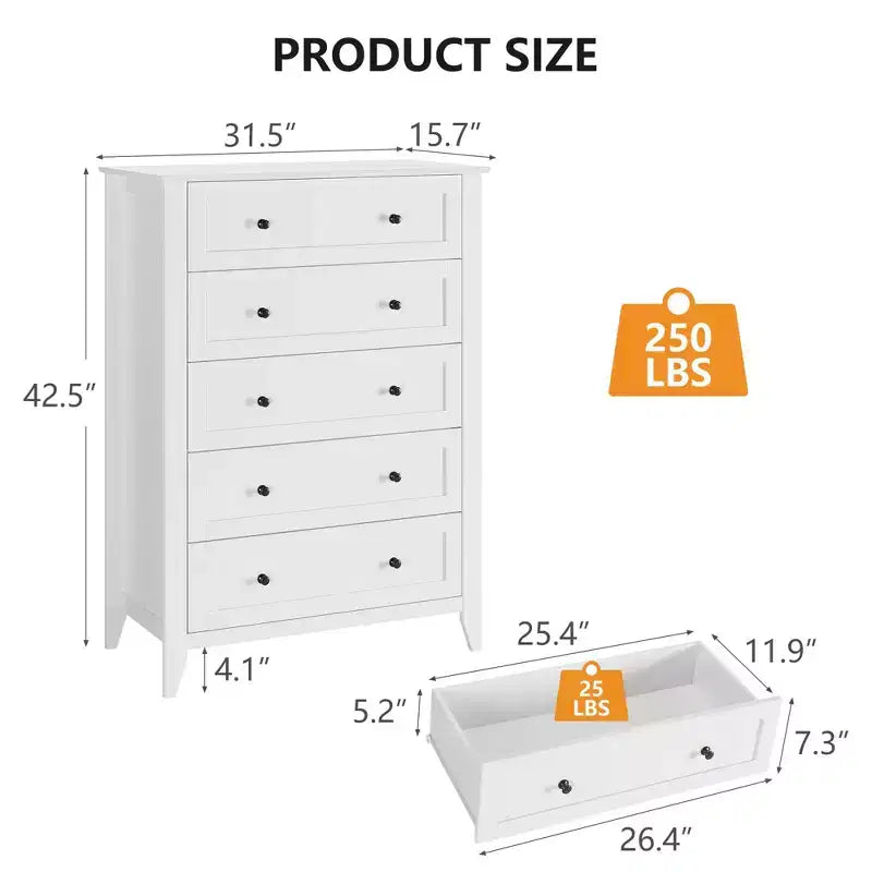 Cassettiera a 5 cassetti per camera da letto, cassettiera alta in legno stile rustico per vestiti, grande organizer con maniglie dorate e cassetti profondi