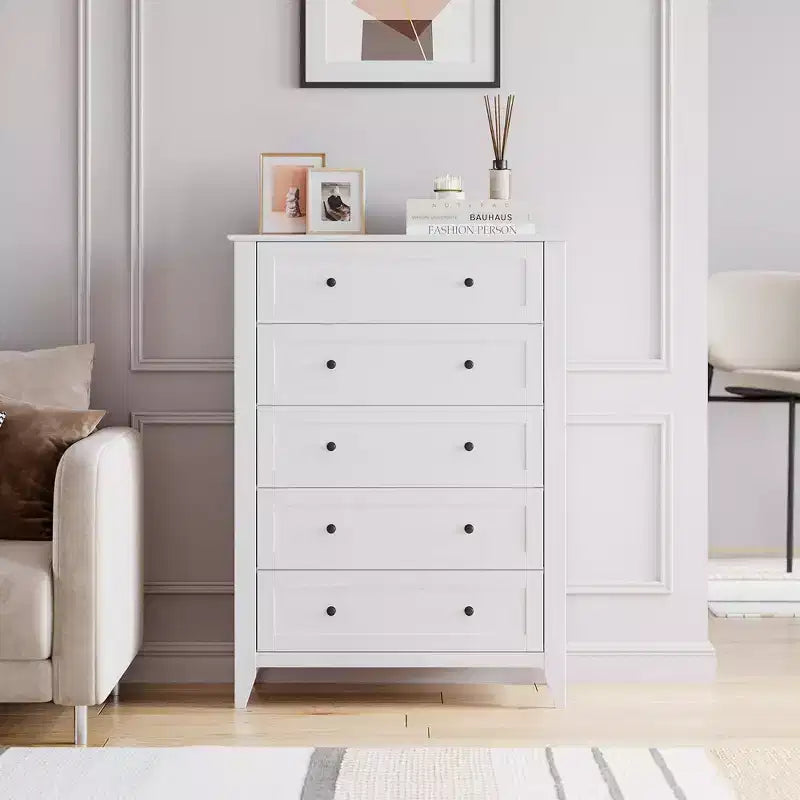 Cassettiera a 5 cassetti per camera da letto, cassettiera alta in legno stile rustico per vestiti, grande organizer con maniglie dorate e cassetti profondi