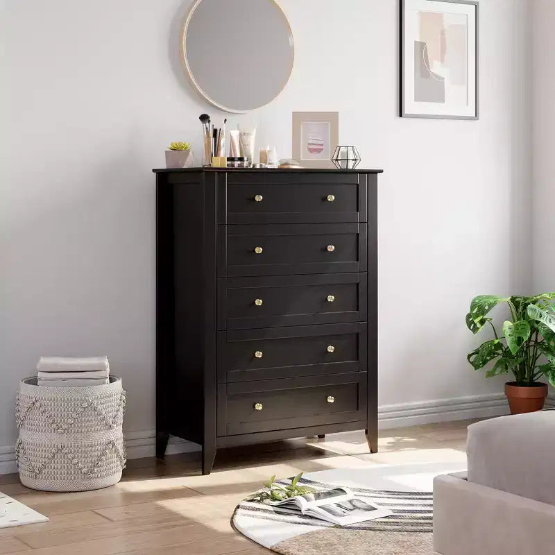 Cassettiera a 5 cassetti per camera da letto, cassettiera alta in legno stile rustico per vestiti, grande organizer con maniglie dorate e cassetti profondi