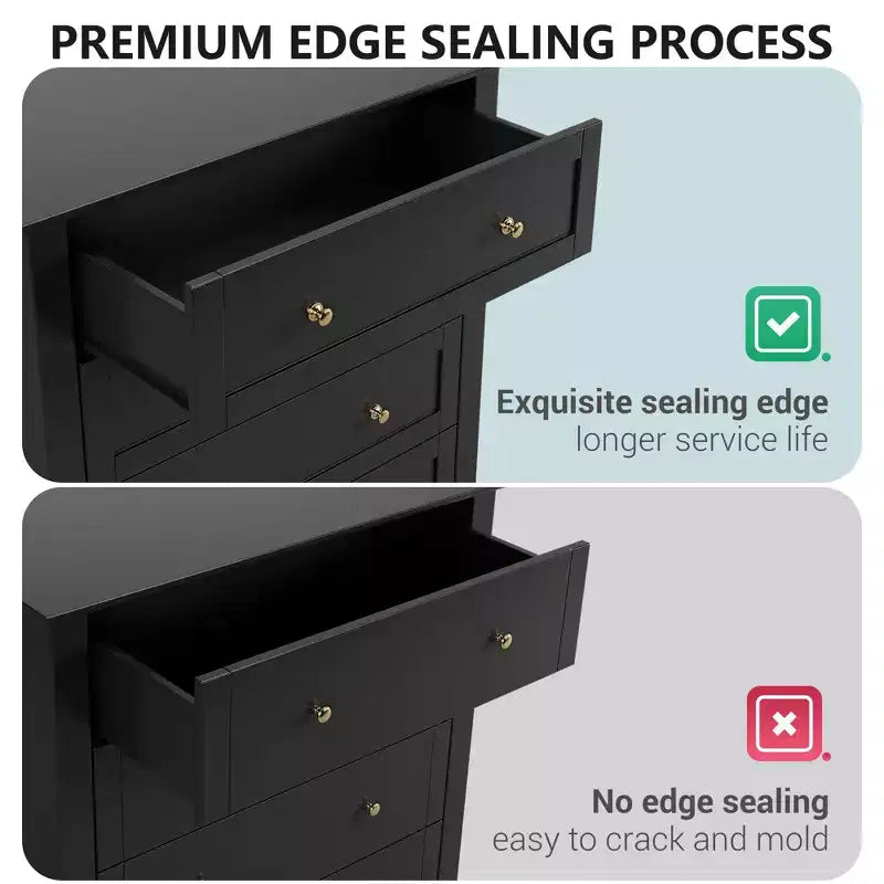 Cassettiera a 5 cassetti per camera da letto, cassettiera alta in legno stile rustico per vestiti, grande organizer con maniglie dorate e cassetti profondi