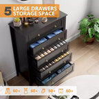 Cassettiera a 5 cassetti per camera da letto, cassettiera alta in legno stile rustico per vestiti, grande organizer con maniglie dorate e cassetti profondi