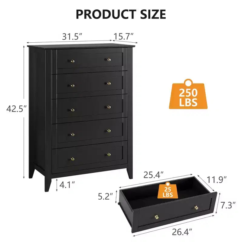Cassettiera a 5 cassetti per camera da letto, cassettiera alta in legno stile rustico per vestiti, grande organizer con maniglie dorate e cassetti profondi