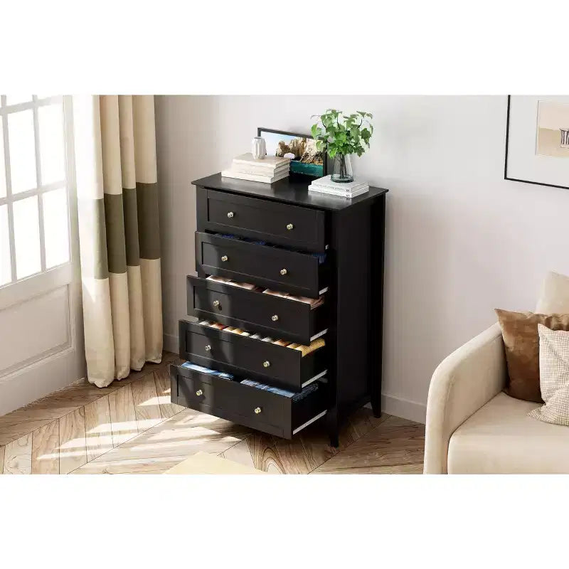 Cassettiera a 5 cassetti per camera da letto, cassettiera alta in legno stile rustico per vestiti, grande organizer con maniglie dorate e cassetti profondi