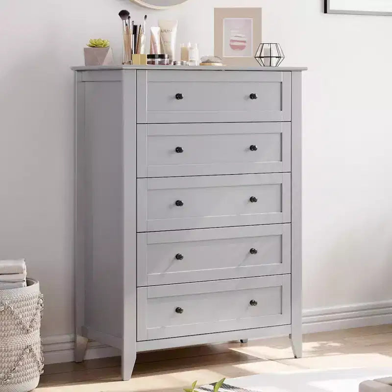 Cassettiera a 5 cassetti per camera da letto, cassettiera alta in legno stile rustico per vestiti, grande organizer con maniglie dorate e cassetti profondi