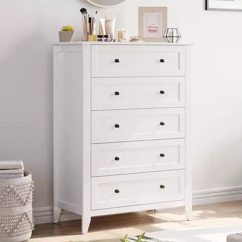 Cassettiera a 5 cassetti per camera da letto, cassettiera alta in legno stile rustico per vestiti, grande organizer con maniglie dorate e cassetti profondi