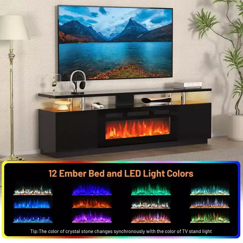 Mobile TV con caminetto da 70 pollici per TV fino a 80" con caminetto elettrico da 36" e telecomando, moderno centro di intrattenimento, console TV in legno per soggiorno
