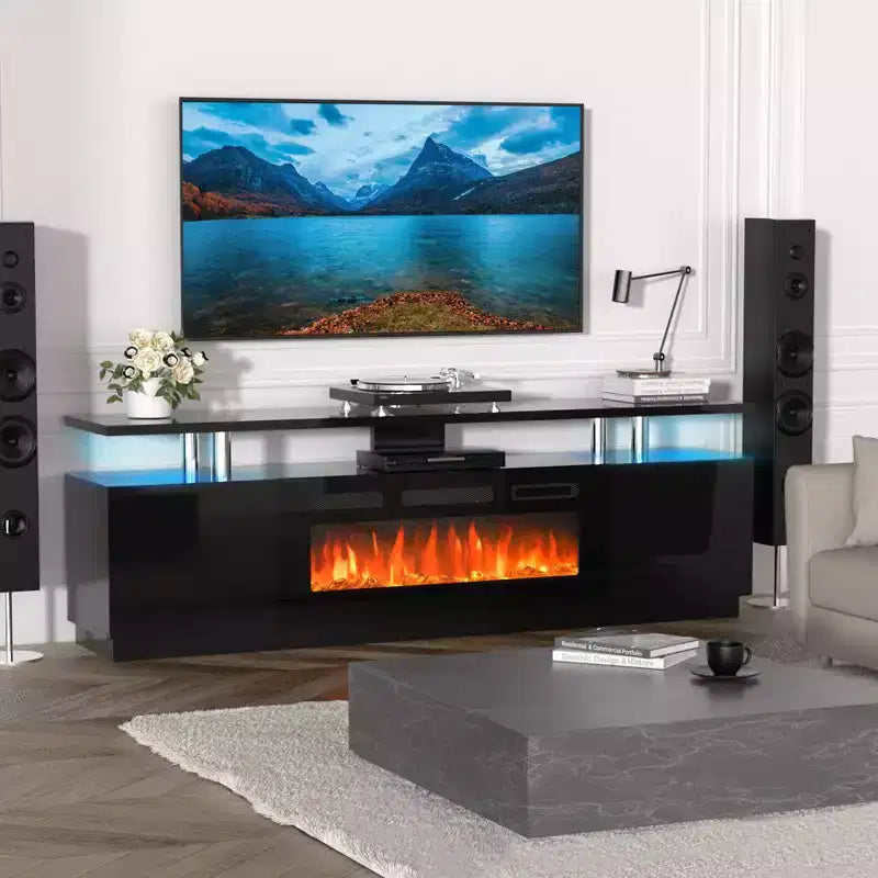 Mobile TV con caminetto da 70 pollici per TV fino a 80" con caminetto elettrico da 36" e telecomando, moderno centro di intrattenimento, console TV in legno per soggiorno
