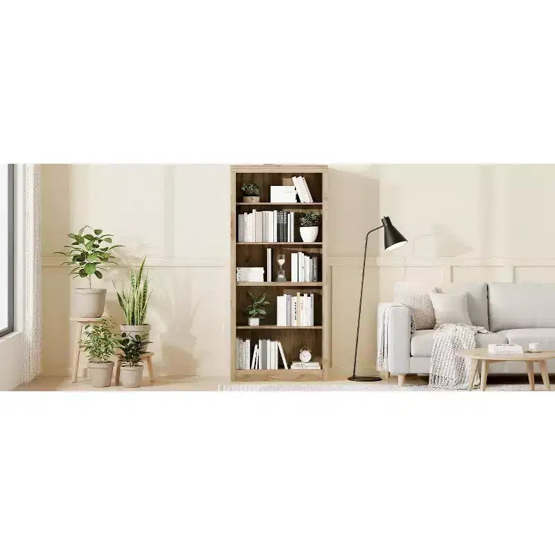 Libreria a 5 ripiani alta 180 cm - Scaffale in rovere svedese, con vani a giorno per soggiorno e ufficio