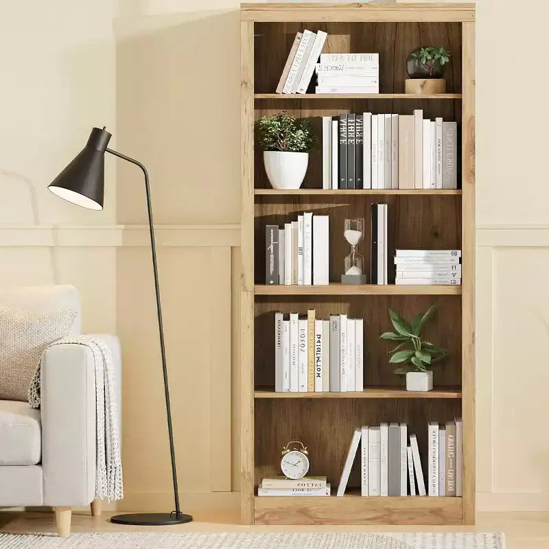 Libreria a 5 ripiani alta 180 cm - Scaffale in rovere svedese, con vani a giorno per soggiorno e ufficio