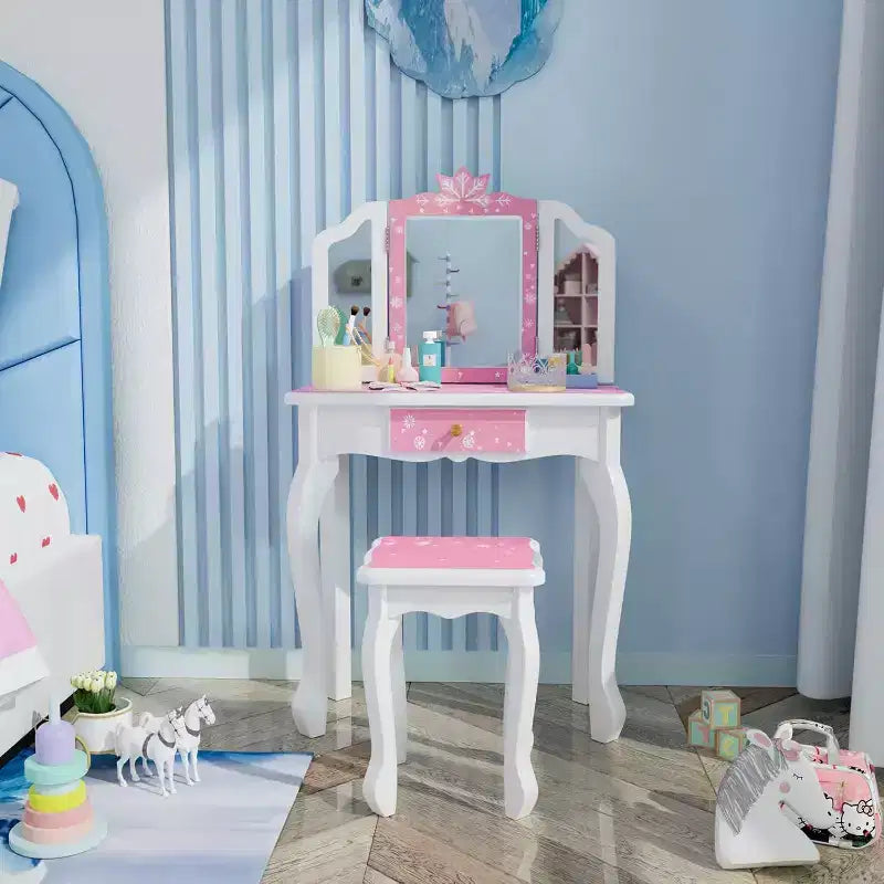 JOYMOR Toeletta per bambini, tavolo da trucco in legno con sgabello, specchio a tre ante, ampio cassetto e gambe in legno massiccio, rosa
