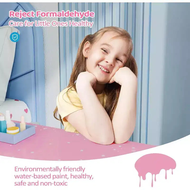 JOYMOR Toeletta per bambini, tavolo da trucco in legno con sgabello, specchio a tre ante, ampio cassetto e gambe in legno massiccio, rosa