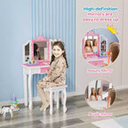 JOYMOR Toeletta per bambini, tavolo da trucco in legno con sgabello, specchio a tre ante, ampio cassetto e gambe in legno massiccio, rosa