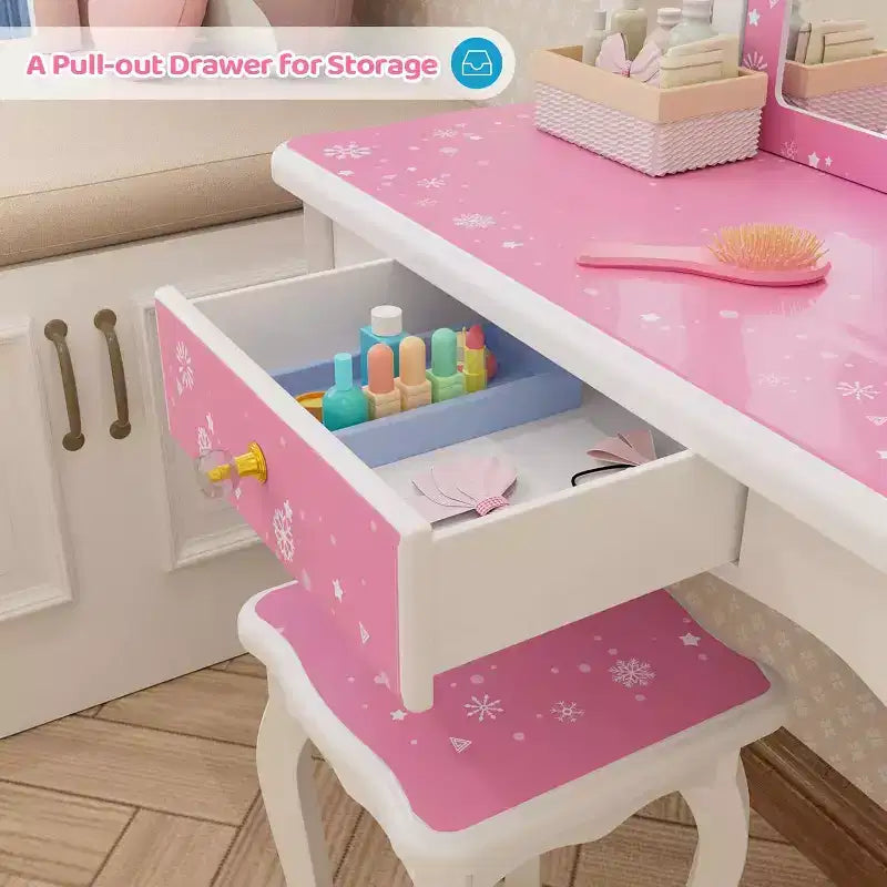 JOYMOR Toeletta per bambini, tavolo da trucco in legno con sgabello, specchio a tre ante, ampio cassetto e gambe in legno massiccio, rosa