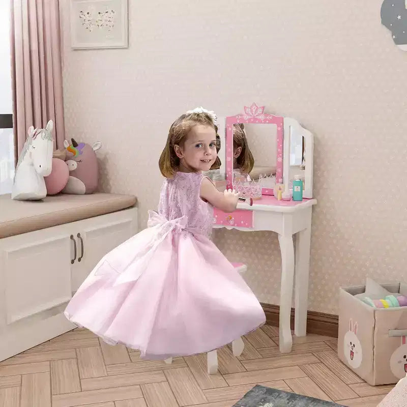 JOYMOR Toeletta per bambini, tavolo da trucco in legno con sgabello, specchio a tre ante, ampio cassetto e gambe in legno massiccio, rosa