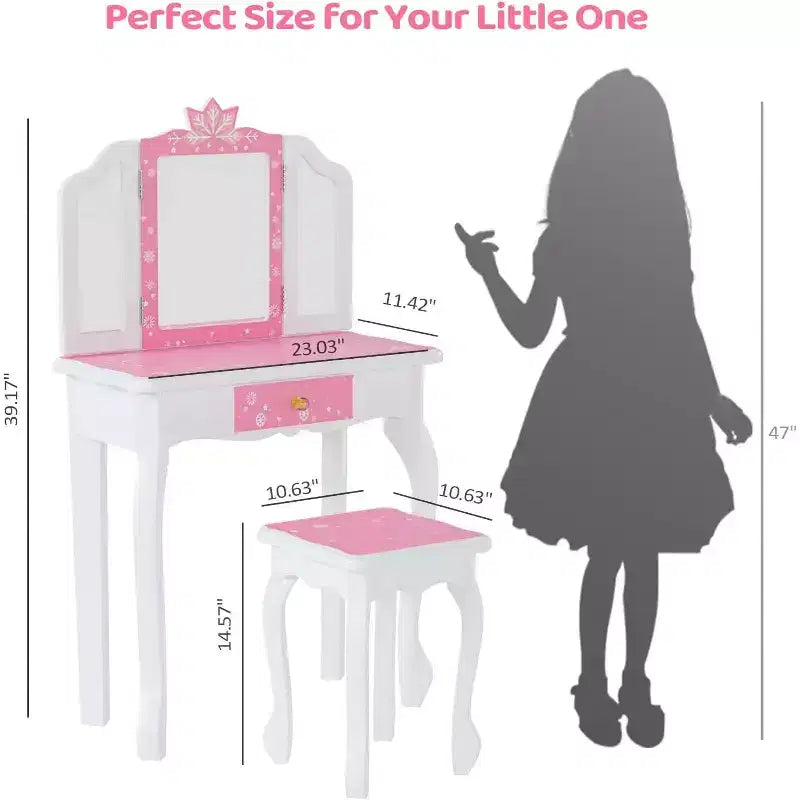 JOYMOR Toeletta per bambini, tavolo da trucco in legno con sgabello, specchio a tre ante, ampio cassetto e gambe in legno massiccio, rosa