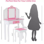 JOYMOR Toeletta per bambini, tavolo da trucco in legno con sgabello, specchio a tre ante, ampio cassetto e gambe in legno massiccio, rosa