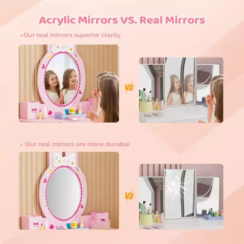 JOYMOR Set da toeletta per bambini con 7 trucchi, tavolo e sedia 2 in 1 con specchio, cassetto e scatola portaoggetti (rosa)