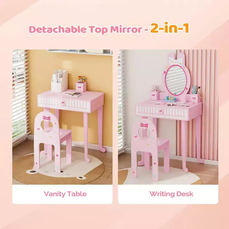 JOYMOR Set da toeletta per bambini con 7 trucchi, tavolo e sedia 2 in 1 con specchio, cassetto e scatola portaoggetti (rosa)