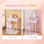 JOYMOR Set da toeletta per bambini con 7 trucchi, tavolo e sedia 2 in 1 con specchio, cassetto e scatola portaoggetti (rosa)