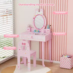 JOYMOR Set da toeletta per bambini con 7 trucchi, tavolo e sedia 2 in 1 con specchio, cassetto e scatola portaoggetti (rosa)