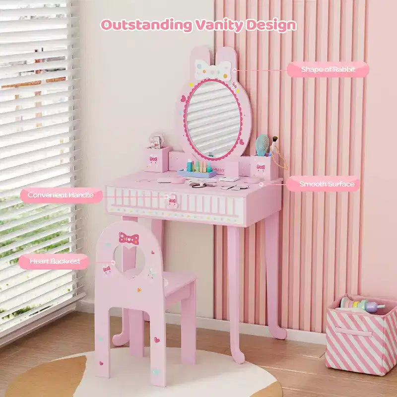 JOYMOR Set da toeletta per bambini con 7 trucchi, tavolo e sedia 2 in 1 con specchio, cassetto e scatola portaoggetti (rosa)