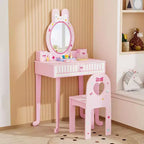 JOYMOR Set da toeletta per bambini con 7 trucchi, tavolo e sedia 2 in 1 con specchio, cassetto e scatola portaoggetti (rosa)