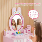 JOYMOR Set da toeletta per bambini con 7 trucchi, tavolo e sedia 2 in 1 con specchio, cassetto e scatola portaoggetti (rosa)