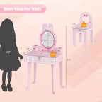 JOYMOR Set da toeletta per bambini con 7 trucchi, tavolo e sedia 2 in 1 con specchio, cassetto e scatola portaoggetti (rosa)