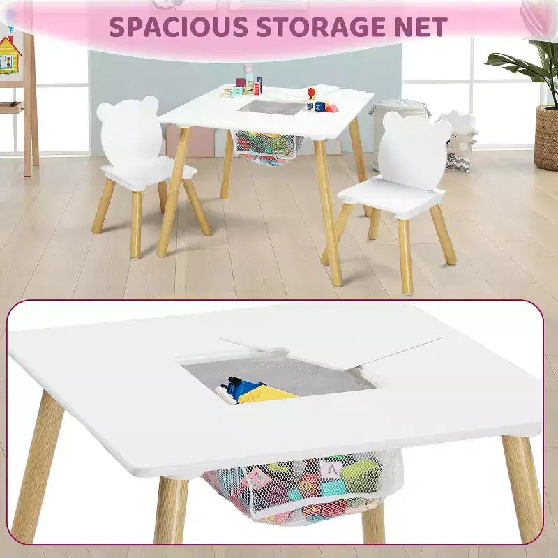 Set Tavolo e 2 Sedie per Bambini 3-in-1 JOYMOR con Sedie con Orecchie da Panda, Piano Rimovibile e Contenitore per Età 2-5