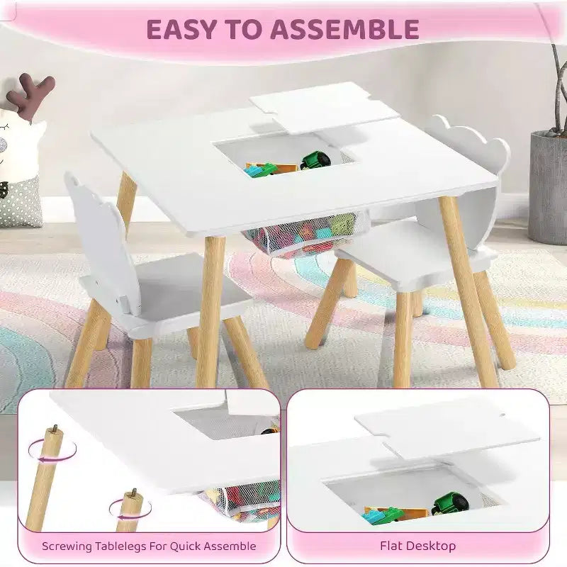 Set Tavolo e 2 Sedie per Bambini 3-in-1 JOYMOR con Sedie con Orecchie da Panda, Piano Rimovibile e Contenitore per Età 2-5
