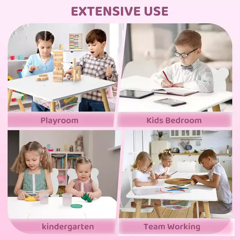 Set Tavolo e 2 Sedie per Bambini 3-in-1 JOYMOR con Sedie con Orecchie da Panda, Piano Rimovibile e Contenitore per Età 2-5