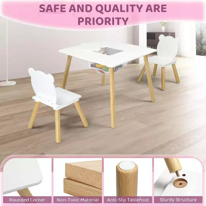 Set Tavolo e 2 Sedie per Bambini 3-in-1 JOYMOR con Sedie con Orecchie da Panda, Piano Rimovibile e Contenitore per Età 2-5