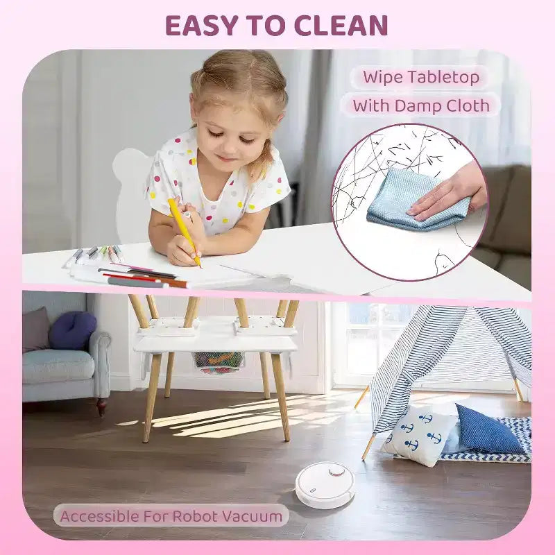 Set Tavolo e 2 Sedie per Bambini 3-in-1 JOYMOR con Sedie con Orecchie da Panda, Piano Rimovibile e Contenitore per Età 2-5