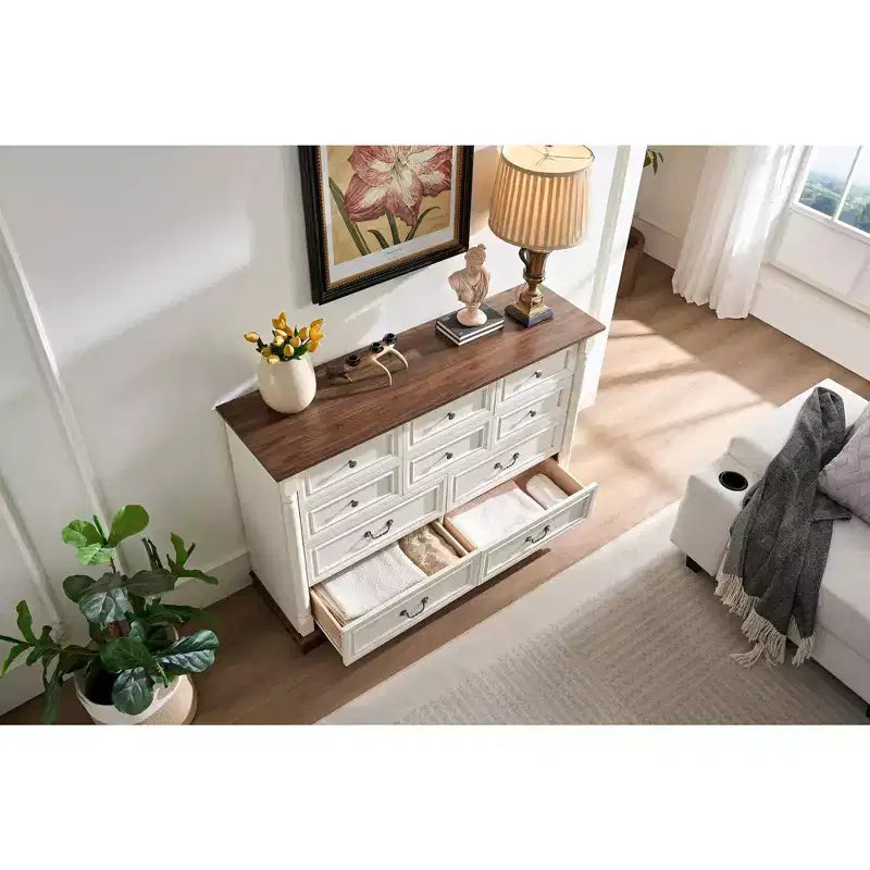 Cassettiere Consolle da Fattoria Okak con Cassetti e Base, Comò per Camera da Letto, Soggiorno, Cassettiera Rustica in Legno con Maniglia ad Anello