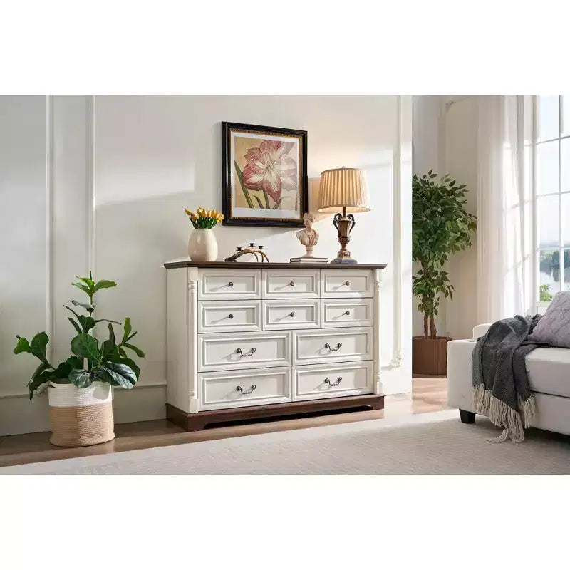 Cassettiere Consolle da Fattoria Okak con Cassetti e Base, Comò per Camera da Letto, Soggiorno, Cassettiera Rustica in Legno con Maniglia ad Anello