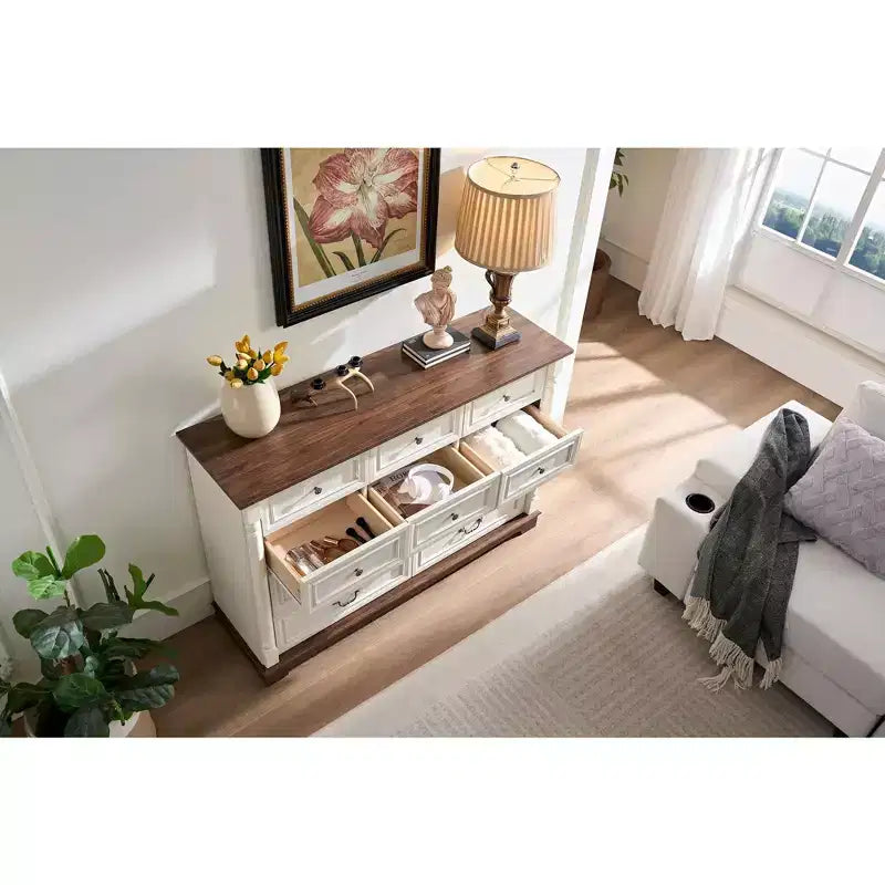 Cassettiere Consolle da Fattoria Okak con Cassetti e Base, Comò per Camera da Letto, Soggiorno, Cassettiera Rustica in Legno con Maniglia ad Anello