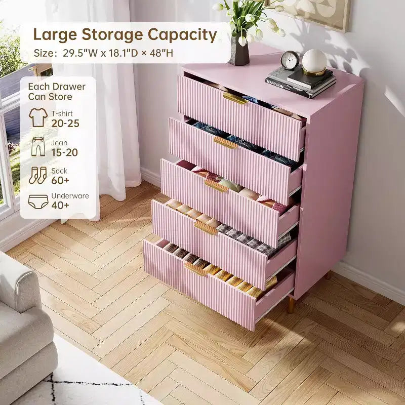 Comò a 5 cassetti, mobile contenitore in legno con maniglie dorate, comò dal design moderno per camera da letto, soggiorno