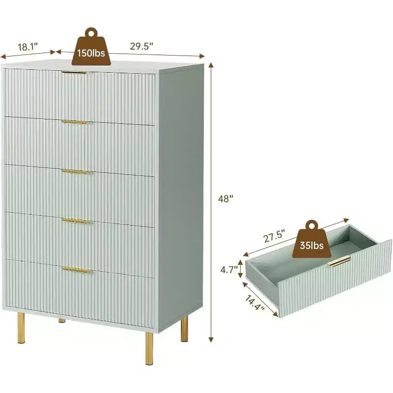 Comò a 5 cassetti, mobile contenitore in legno con maniglie dorate, comò dal design moderno per camera da letto, soggiorno