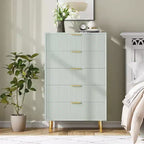 Comò a 5 cassetti, mobile contenitore in legno con maniglie dorate, comò dal design moderno per camera da letto, soggiorno