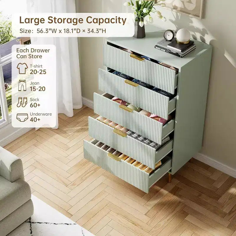 Comò a 5 cassetti, mobile contenitore in legno con maniglie dorate, comò dal design moderno per camera da letto, soggiorno