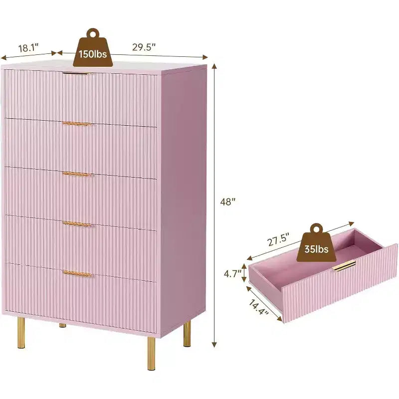 Comò a 5 cassetti, mobile contenitore in legno con maniglie dorate, comò dal design moderno per camera da letto, soggiorno