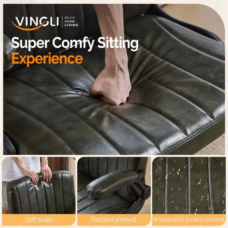 VINGLI Sedia Criss Cross con braccioli regolabili a scomparsa, sedia a gambe incrociate con ruote, sedia da ufficio extra larga, in pelle PU, verde scuro