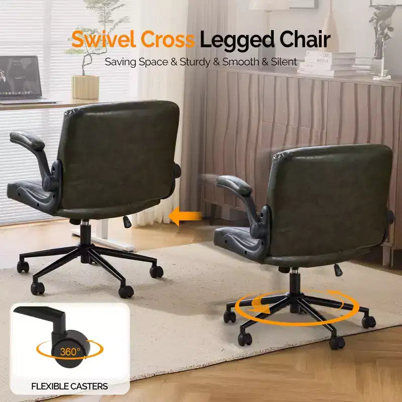 VINGLI Sedia Criss Cross con braccioli regolabili a scomparsa, sedia a gambe incrociate con ruote, sedia da ufficio extra larga, in pelle PU, verde scuro