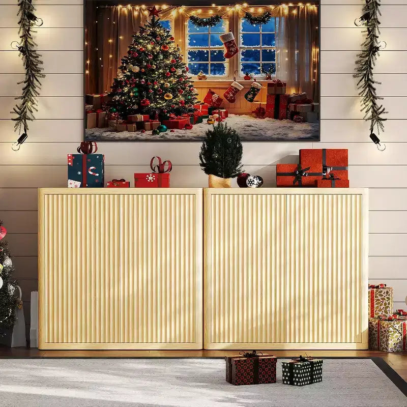 Credenza a 2 livelli con ante doppie scanalate, Madia moderna con ripiani regolabili per riporre oggetti in sala da pranzo e risparmiare spazio, Naturale
