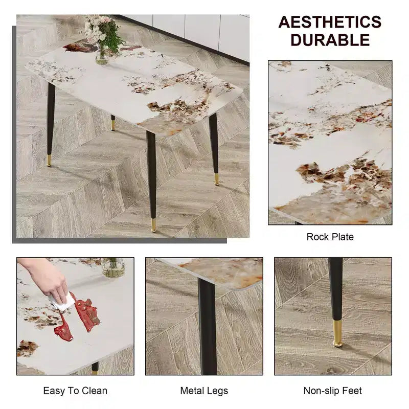 Okak 50IN Tavolo da pranzo rettangolare moderno, tavolo da cucina con piano in pietra sinterizzata, tavolo da pranzo per soggiorno, cucina, bianco